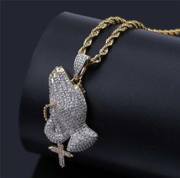 Iced Out Cubic Zircon Praying Hands Pendant With Charms Necklace Fashion Luxury Hip Hop Designer Jewelry2950142