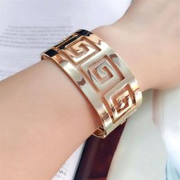 Women Fashion Accessories Elegant Geometric Hollow Bangle Wide Metal Cuff Wristband Bracelet 18K Gold Plated Wedding Jewellery Party314x