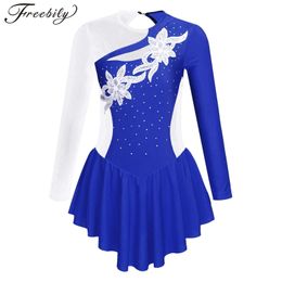 Dancewear Children Girls Figure Skating Dress Long Sleeve Shiny Rhinestone Tutu Ballet Dance Dresses Rhythmic Gymnastics Leotard Dancewear 231213