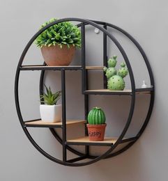 Retro Round Wooden Metal Wall Hanging Shelf Office Sundries Art Storage Rack Home Decorative Craft Holder Racks Y2004292890088