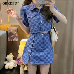 Work Dresses Summer Sexy Plaid Skirt Suit Women 2 Piece Set Korean Style Short Sleeve Cropped Jacket And Design Pin A-Line Mini Outfits