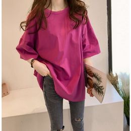 24ss 2023 Korean Summer New Trendy Short Sleeved Student Lazy Candy Round Neck Pullover Mid Length T-shirt Women's Top