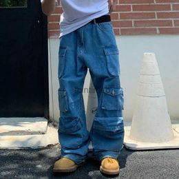 Men's Pants Harajuku Solid Colour Washed Blue Jeans Pants Men and Women Straight Streetwear Pockets Distressed Denim Cargo Trousers Oversize YQ231214