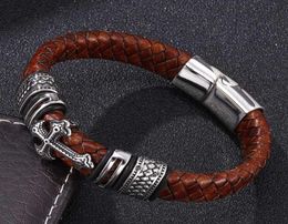 Quality Vintage Men Jewelry Brown Braided Leather Cross Bracelet Stainless Steel Magnetic Clasp Mens Handmade Bangles Bangle2345360