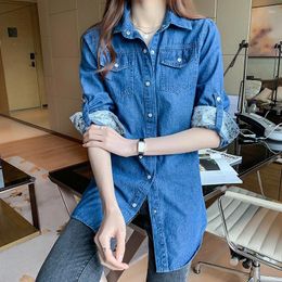 Women's Blouses #3127 Spring Autumn Long Sleeve Denim Shirt Women Turn-down Collar Vintage Blue Office Womens Tops And Cotton Slim Fit