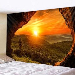 Tapestries Rock cave sunrise 3d printing tapestry reef rock cave sea view wall hanging living room bedroom hall tapestry mural 6 sizes