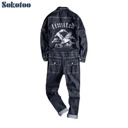 Men's Jeans Sokotoo embroidery long detachable sleeve black denim jumpsuits Casual embroidered pockets cargo jeans Overalls pants 231212