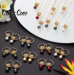 Earrings Necklace Cring Coco Multicolor Pearl Jewellery Sets Hawaiian Pink Gold Polynesian Frangipani Pendant Necklaces Hoop Set 2056565