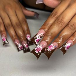 False Nails 24Pcs Mid-length French Fake Wearable Sector Nail With Rhinestone Flower Design Press On Full Cover Tips