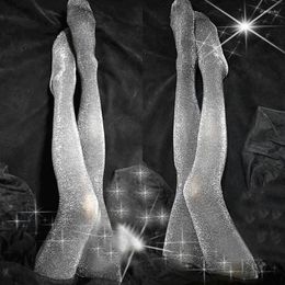 Women Socks 2023 Summer Thin Super Shiny Silver Silk Stockings Sexy Open Crotch Party Club Sheer Pantyhose Tights