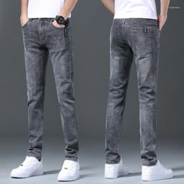 Men's Jeans 2024 Men High Waist Straight Narrow Leg Light Blue Grey Stretch Vintage Denim Pants Streetwear Slim Fit Quality Trousers