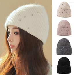 Berets Rhinestone Knitted Hat Soft Warm Thickened Beanie Cap Windproof Elastic Ear Protector Winter