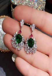 1Pair Fashion Flower Dangle 925 Silver Jewellery Green Clear Cubic Zircon Women Wedding Bridal Stud Earring LOVER Gift Accessory1951130