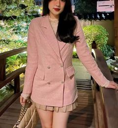 Women's Suits Pink Blazer Woman 2023 Autumn Bomber Jackets Women Fashion Double Breasted Outerwears Female V-Neck Long Sleeves Coat