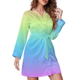 Women's Sleepwear Yellow Blue Pyjama Robe V Neck Rainbow Print Printed Bathrobe Female Long Sleeve Soft Pyjamas Robes Autumn Casual