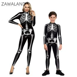 Family Matching Outfits ZAWALAND Halloween 3D Skeleton Printed Zentai Cosplay Costume Party ParentChild Sexy Spandex Catsuit 231212