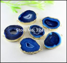 3pcs Gold Tone Blue Quartz Nature Druzy Geode Agate Slice gem stone Drusy Connector Pendant Beads for Bracelet Jewellery findings8490641