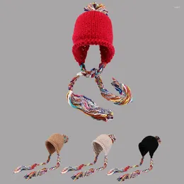 Berets Winter Colourful Tassel Knitted Woollen Hat Warm Fashion Pullover Versatile Small Face Show Cute Ear Protection Cap Balaclava