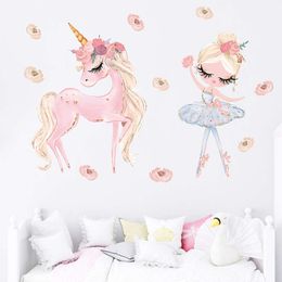 Cartoon Hand-paint Dance Princess Girl Unicorns Wall Stickers for Kids Room Girl Room Baby Nursery Room Wall Decals Home Decor