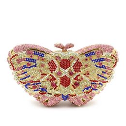 Beautiful Butterfly Pink Rhinestone Crystal Women Evening Clutch Purse Gold Metal Gemstone DesignerDinner Clutches Handbags2386