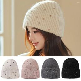 Berets Rhinestone Knitted Hat Trendy Thickened Warm Ear Protector Cap Windproof Elastic Beanie Autumn