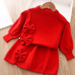 Clothing Sets Baby Girl Clothes Warm Knitted Sweater Set Fall/Winter Bowknot Solid Colour Knitwear Skirt 2-piece 2-6Yrs