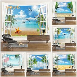 Tapestries Windows Tapestry Wall Hanging Boho Beach Sunset Landscape Tree Cloth Fabric Large Tapestry Aesthetic Bedroom Dorm Decor