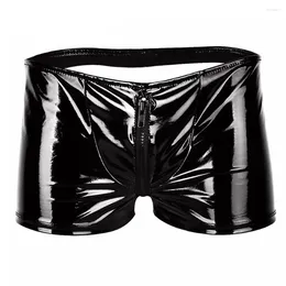 Underpants S-5XL Plus Size Sexy Mens Boxers PVC Faux Leather Zip Pouch Boxer Shorts Men Fetish Underwear Open BuClub Panties Gay Trunks