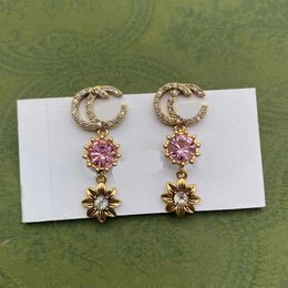 Luxury Designer Long Dangle Chandelier Earrings Girls Pink Diamond flower shape Drop Earrings205B