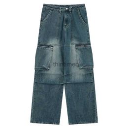 Men's Pants Men's Loose Fit Cargo Jeans Pants With Big Pockets Fashion High Street Oversized Hip Hop Denim Trousers Washed Blue Baggy Bottom YQ231214