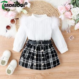 Clothing Sets Girls Children Suit Autumn Winter Long sleeved Patchwork Soft Fur Rib Knit Sweater Top with Wool Short Skirt and Belt 231212