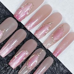 False Nails Handmade Coffin Press On Pink Korean Fairy Reusable Adhesive With Design Acrylic Full Cover Tips For Girls.No.19665