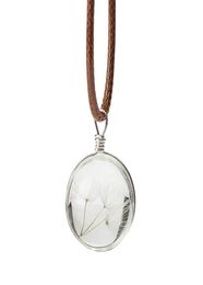 Natural Dandelion Seed Crystal Necklace Men Women Handmade Glass Round Pendant Leather Chain Necklace Unique Female Jewellery Gift2005041