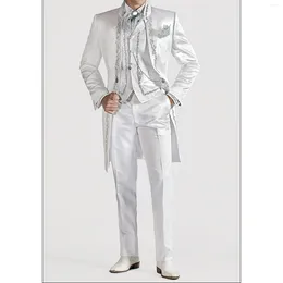 Men's Suits Luxury Blazer Men White Satin Single Breasted Three Piece Jacket Pants Vest Tuxedo Embroidery Slim Fit Wedding Ropa Hombre