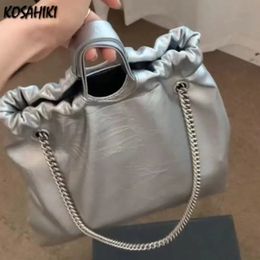 Shopping Bags Silver Korean Grunge Chain High-capacity Tote Bags Pu Soft Leather Y2k Aesthetic Women Shopping Shoulder Underarm Handbags 231213