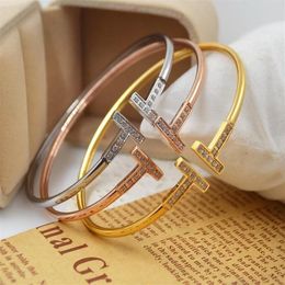 Stainless Steel silver cuff bracelet microscope zircon double T letter opening 18 k rose gold plated bracelets bangle for women fa2492