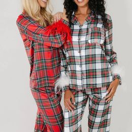 Women s Sleepwear Pyjama Set 2 Piece Feather Plaid Underwear Long Sleeve Lapel Button Up Shirt Tops and Pants Sets 231213