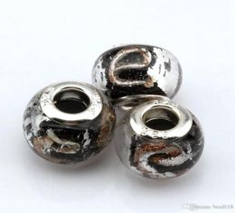 100 Pcs Black Gold Silver Foil Alphabet quotequot lampwork Glass Big Spacers Hole Beads Fit Beaded Bracelet4680429