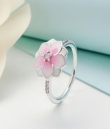 Pink Magnolia Bloom Rings Women Authentic 925 Silver Wedding Gift Jewellery Set For p CZ diamond Flowers engagement Ring with 3439970