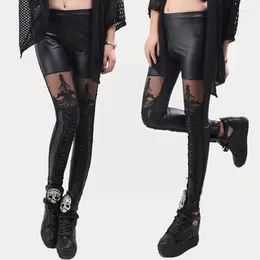 Women's Leggings Women Gothic Lace Leather High Quality Skinny Pants Floral Punk Bla P2y3