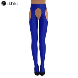 Women Socks Solid Color Stretchy Pantyhose Sexy Tights Bodystockings Hollow Out Cutout Open Crotch Leggings Long Stockings Clubwear