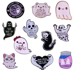 Pins Brooches Cute Black White Ghost Enamel Pin Collection Halloween Creepy Scary Spooky Boba Cat Ghosts BOO Brooch Horror Gothic24185682