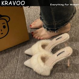 Sandals KRAVOO Pointed Toe Mules Shoes 2023 Women Slippers Slip on Fashion Girls Comfrot Heel Party High Fur 231212