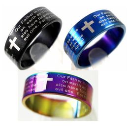 Whole 25pcs English Lords Prayer Cross Stainless Steel Rings Mens Jewellery Lots265j