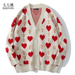 Men's Sweaters Heart-shaped Cardigan Sweater Men Street Oversized Knitted Pullover Casual Hip Hop Couple Jumper Harajuku V-neck Cardigan Unisex 231212