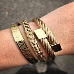2pcs set Luxury Bangle Stainless Steel Bracelet Carving Roman Numeral Couple Bangle for Men Women Jewelry239J