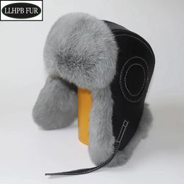 Trapper Hats Mens Fur Caps Warm Natural Rabbit Bomber Hat With Earflaps Winter Unisex Ushanka Real Sheep Leather 231213