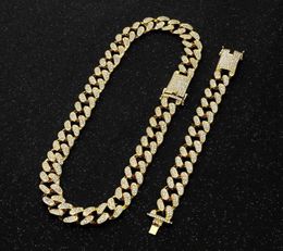 Men039s Hip Hop Necklace and Bracelet Set Silver Ice Crystal Miami Cuba Chain Heavy Water Diamond Rapper 2cm Q08098664195