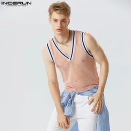 Men's Tank Tops Party Shows Style INCERUN Micro Transparent Mesh Casual Sexy Patchwork Stripe Thin Waistcoat S-5XL 2023