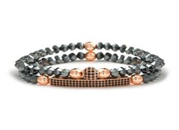 Beaded Strands Fashion Set Men Bracelet Geometry Natural Hematite Braclet Rose Gold Copper Beads Pava Zirconia Braslet Hombre Jew5501443